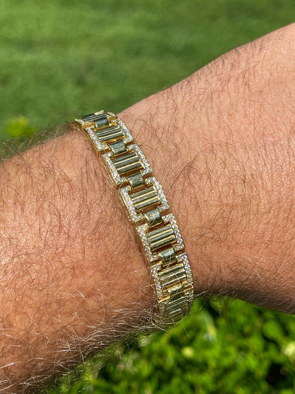 Italiano Silver, Inc Mens Iced Presidential Bracelet 14k Yellow Gold Over Solid 925 Silver Diamonds