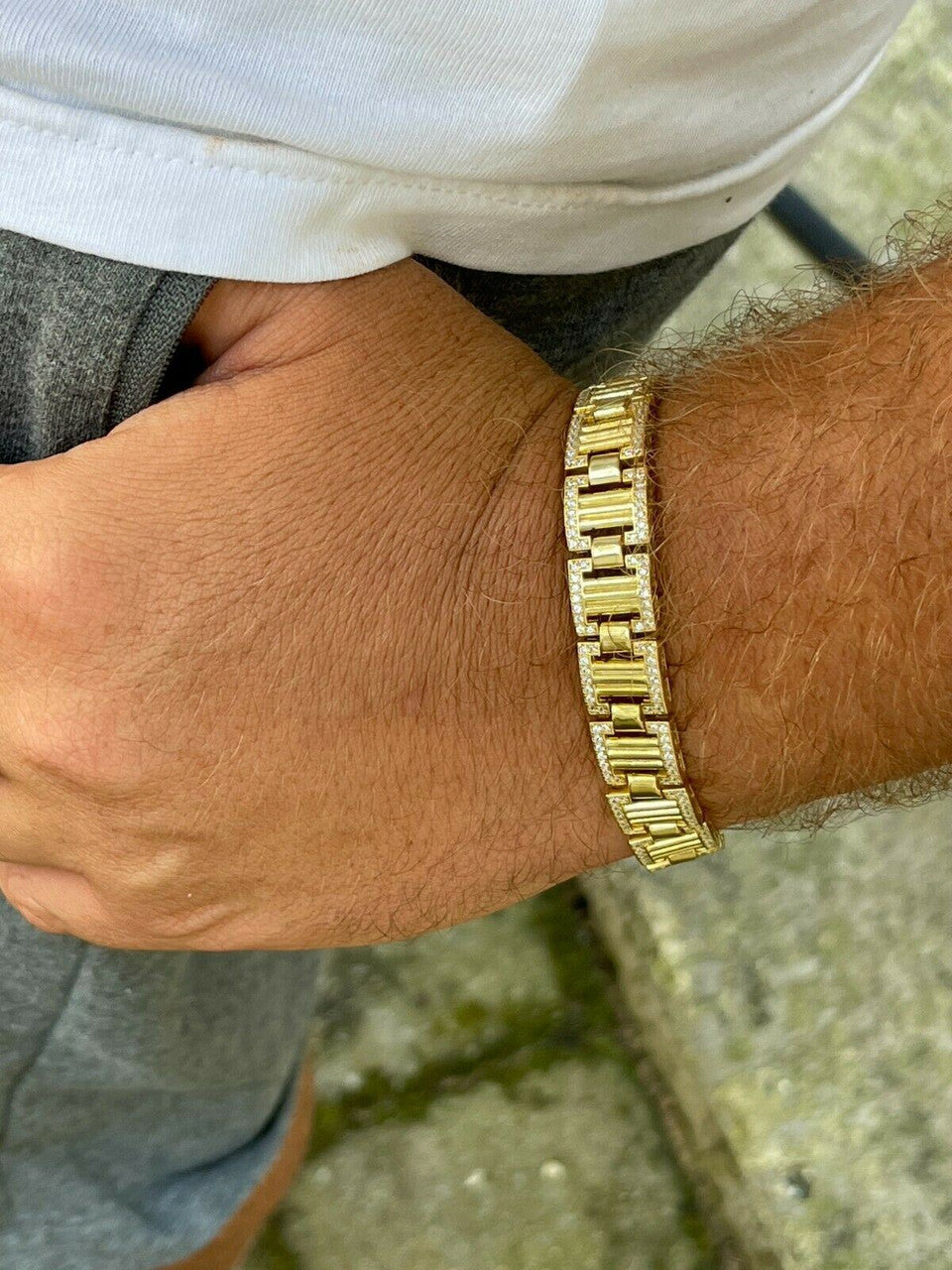 Italiano Silver, Inc Mens Iced Presidential Bracelet 14k Yellow Gold Over Solid 925 Silver Diamonds