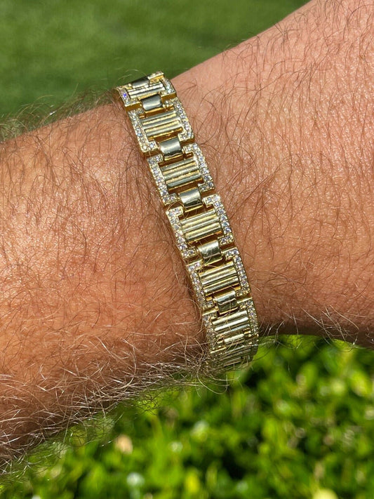 Italiano Silver, Inc Mens Iced Presidential Bracelet 14k Yellow Gold Over Solid 925 Silver Diamonds