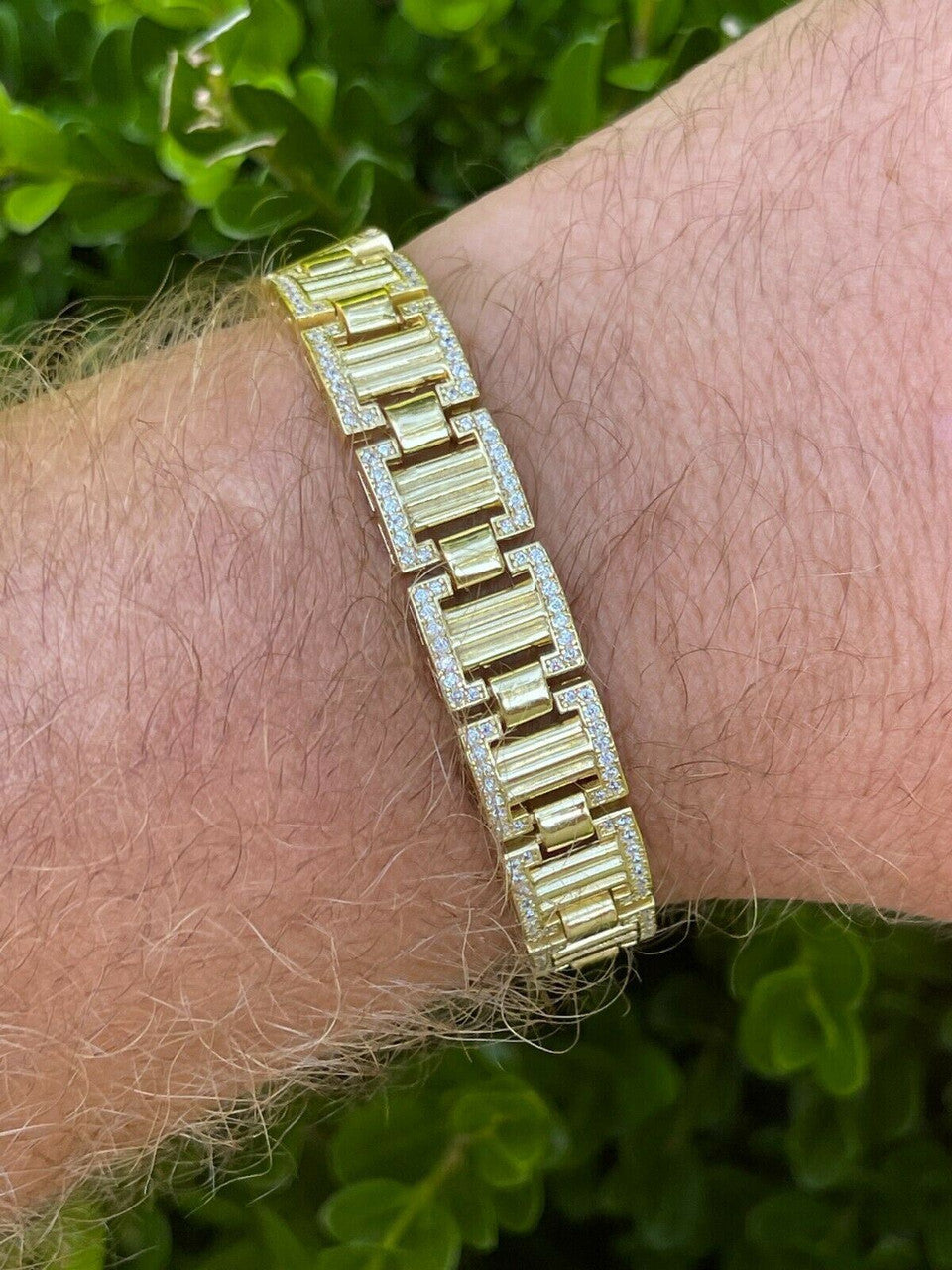 Italiano Silver, Inc Mens Iced Presidential Bracelet 14k Yellow Gold Over Solid 925 Silver Diamonds