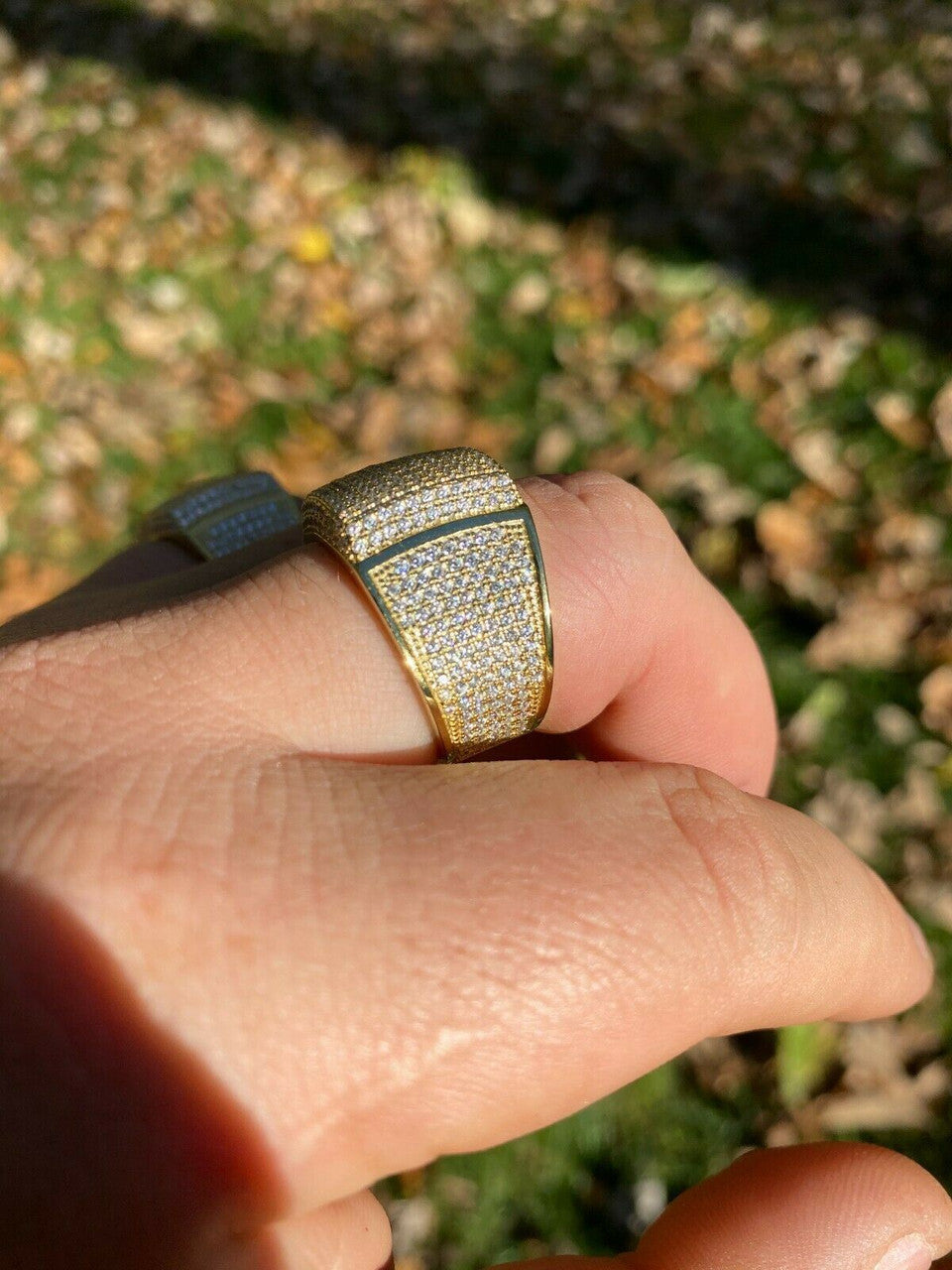 Italiano Silver, Inc Mens Large Solid Real 14k Gold 925 Silver Square Diamond Pinky RING ICY Bling