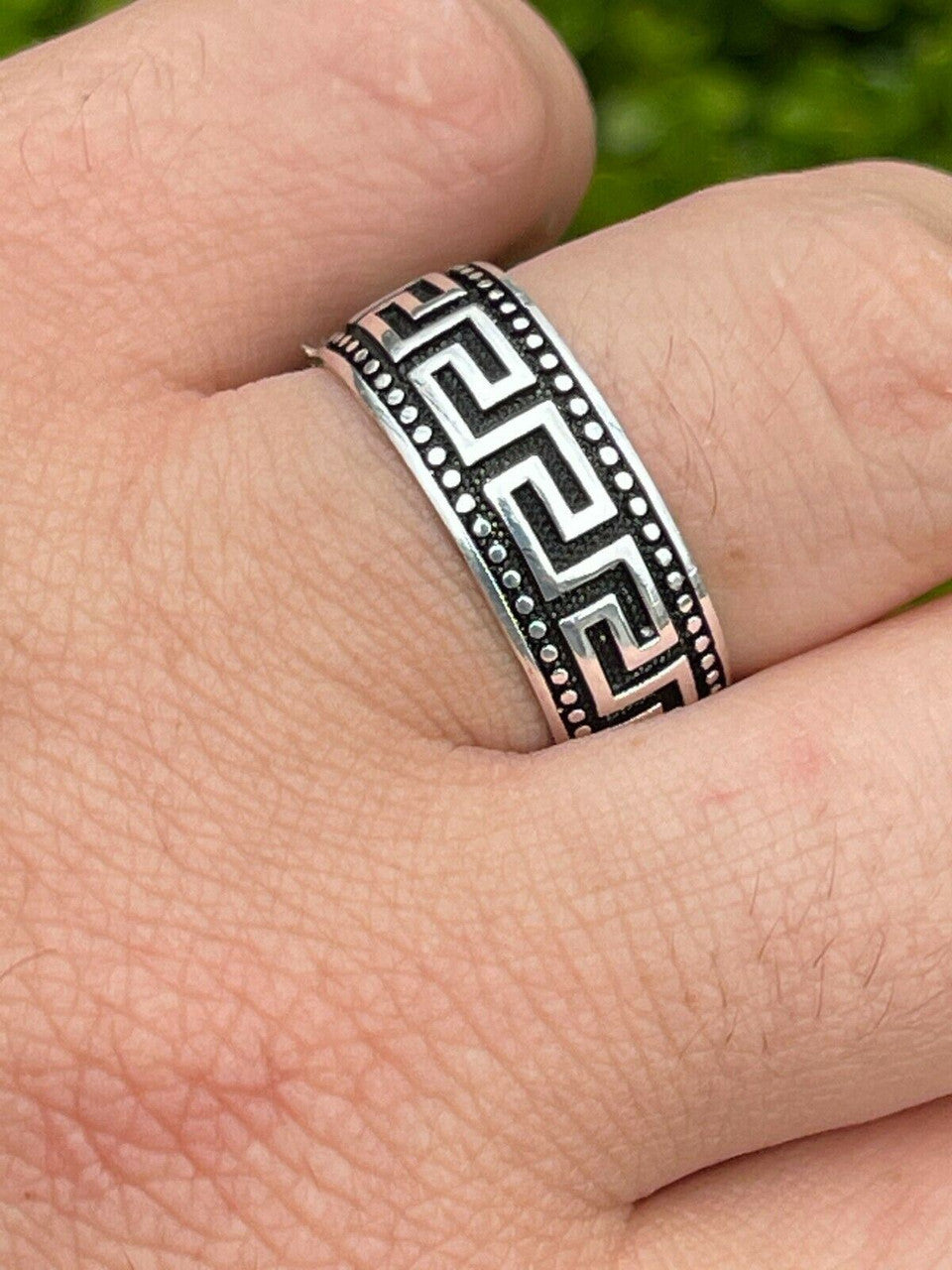 Italiano Silver, Inc Mens Plain Ring Real 925 Sterling Silver and Black Oxidized Wedding Band Greek Key