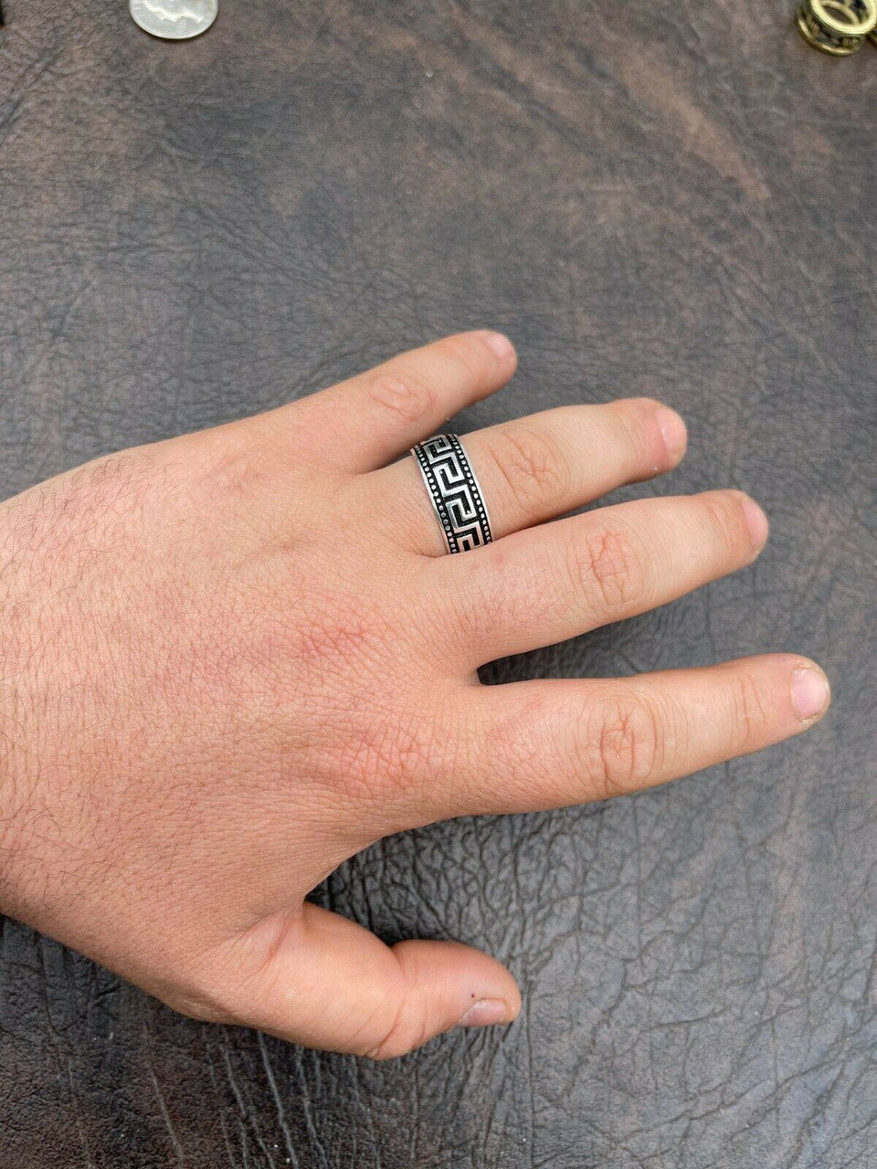 Italiano Silver, Inc Mens Plain Ring Real 925 Sterling Silver and Black Oxidized Wedding Band Greek Key