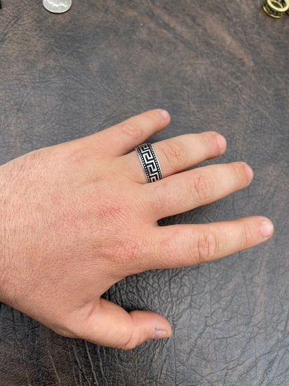 Italiano Silver, Inc Mens Plain Ring Real 925 Sterling Silver and Black Oxidized Wedding Band Greek Key