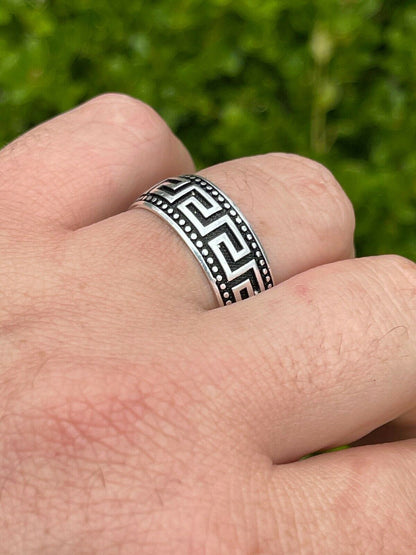 Italiano Silver, Inc Mens Plain Ring Real 925 Sterling Silver and Black Oxidized Wedding Band Greek Key