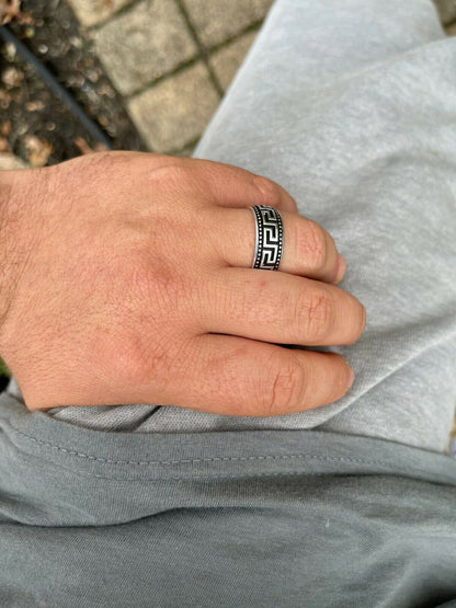 Italiano Silver, Inc Mens Plain Ring Real 925 Sterling Silver and Black Oxidized Wedding Band Greek Key