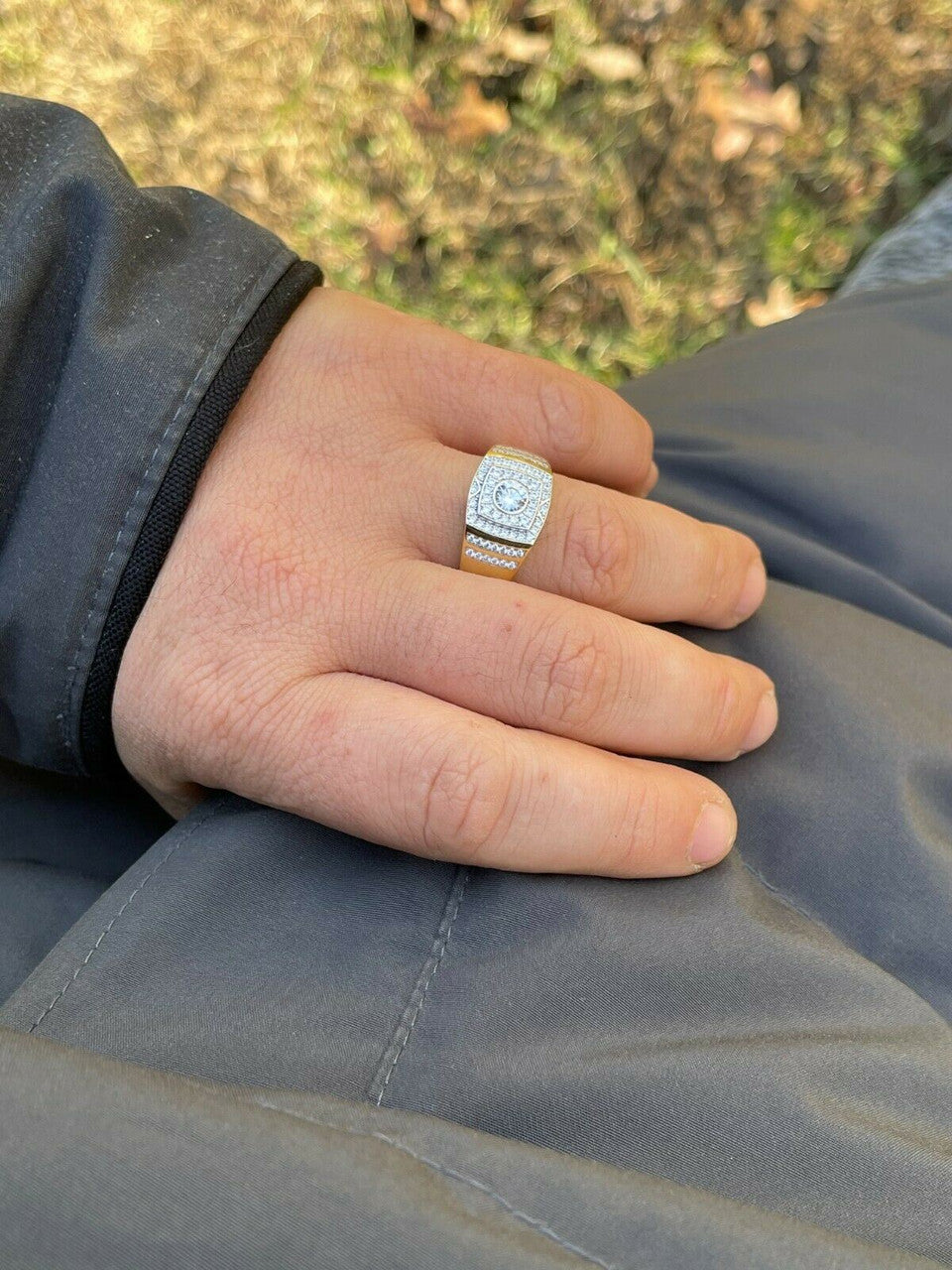 Italiano Silver, Inc Mens REAL 10k Gold Over Solid 925 Sterling Silver Iced Diamond Solitaire Ring