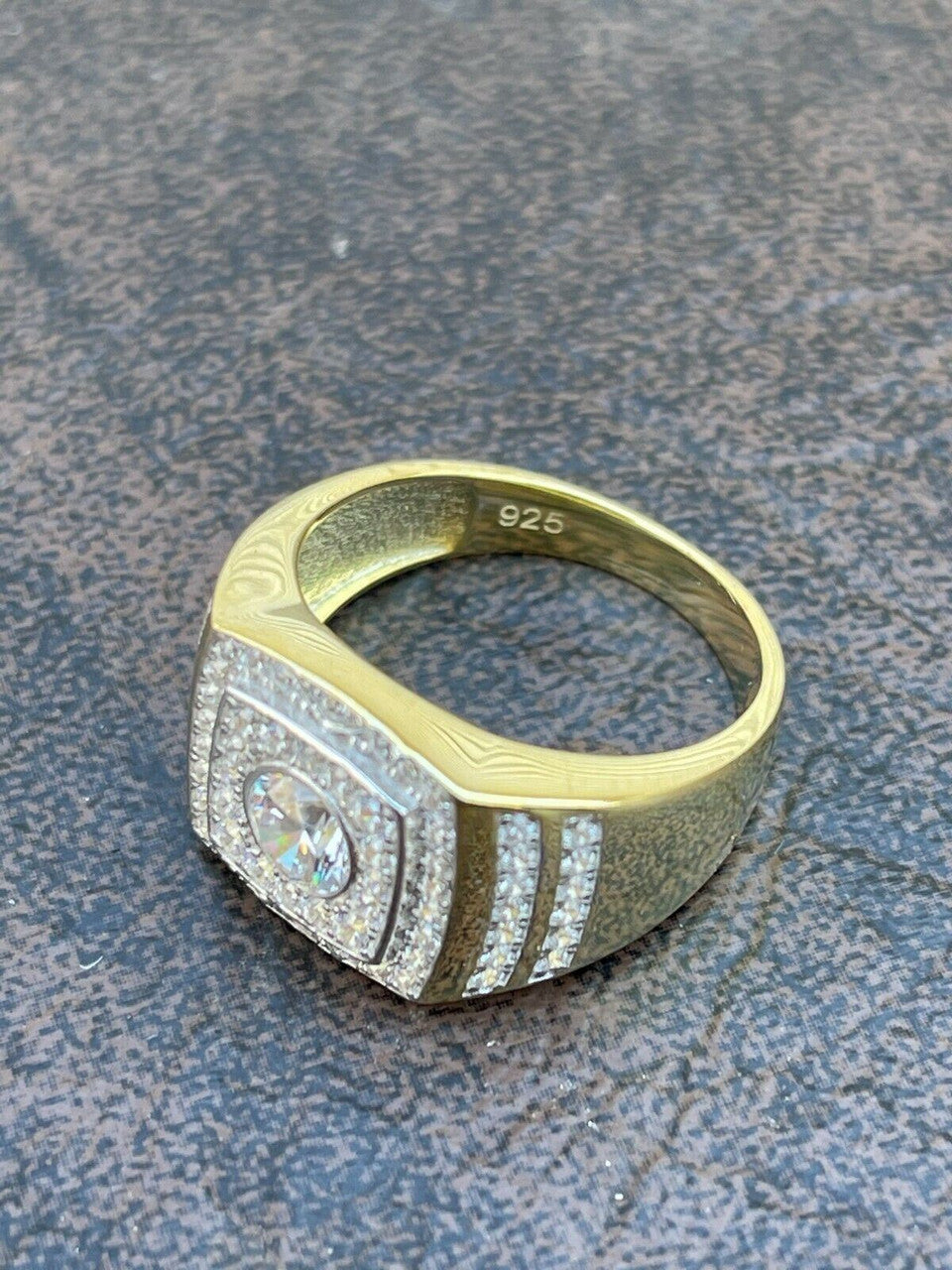 Italiano Silver, Inc Mens REAL 10k Gold Over Solid 925 Sterling Silver Iced Diamond Solitaire Ring