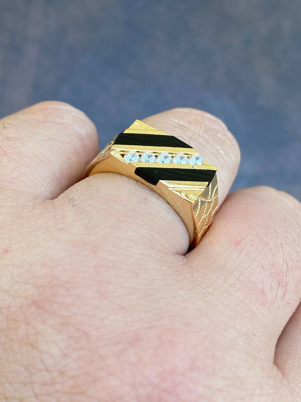 Italiano Silver, Inc Mens Real 14k Gold Solid 925 Silver Nugget Black Onyx Ring Iced Hip Hop Anillo