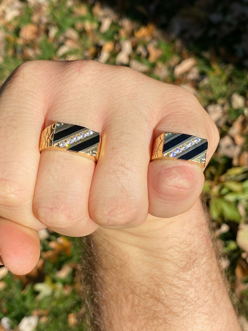 Italiano Silver, Inc Mens Real 14k Gold Solid 925 Silver Nugget Black Onyx Ring Iced Hip Hop Anillo