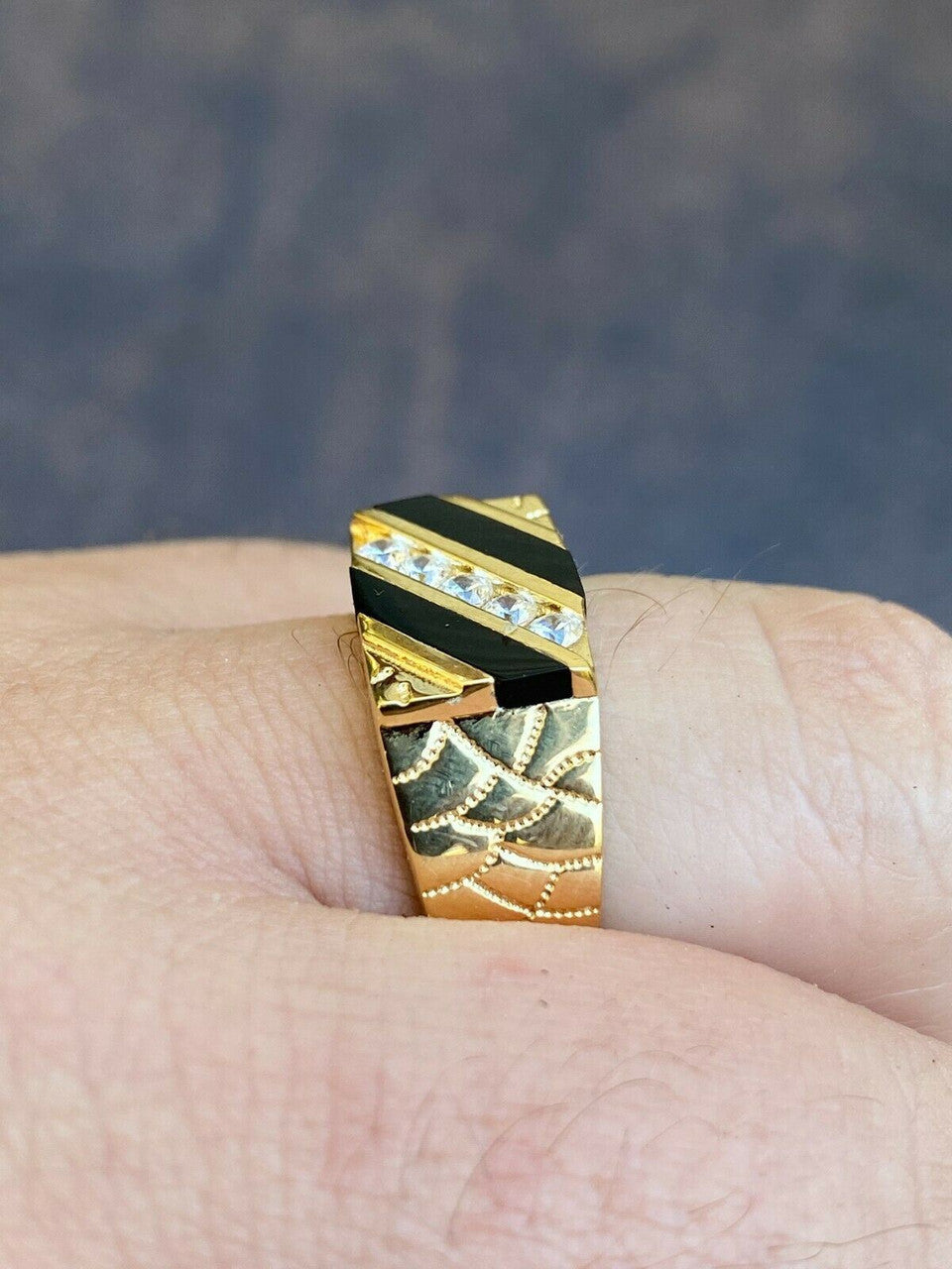 Italiano Silver, Inc Mens Real 14k Gold Solid 925 Silver Nugget Black Onyx Ring Iced Hip Hop Anillo