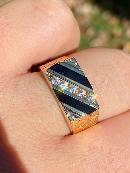 Italiano Silver, Inc Mens Real 14k Gold Solid 925 Silver Nugget Black Onyx Ring Iced Hip Hop Anillo