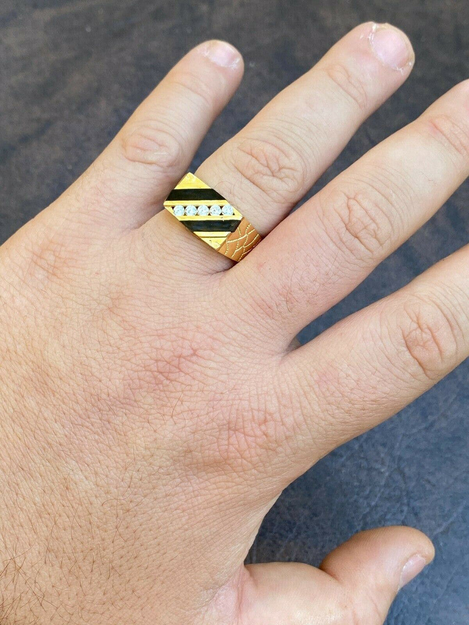 Italiano Silver, Inc Mens Real 14k Gold Solid 925 Silver Nugget Black Onyx Ring Iced Hip Hop Anillo