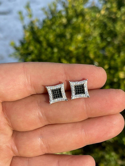 Italiano Silver, Inc Mens Real 925 Solid Sterling Silver Iced Kite Square Black Diamond Earrings Stud