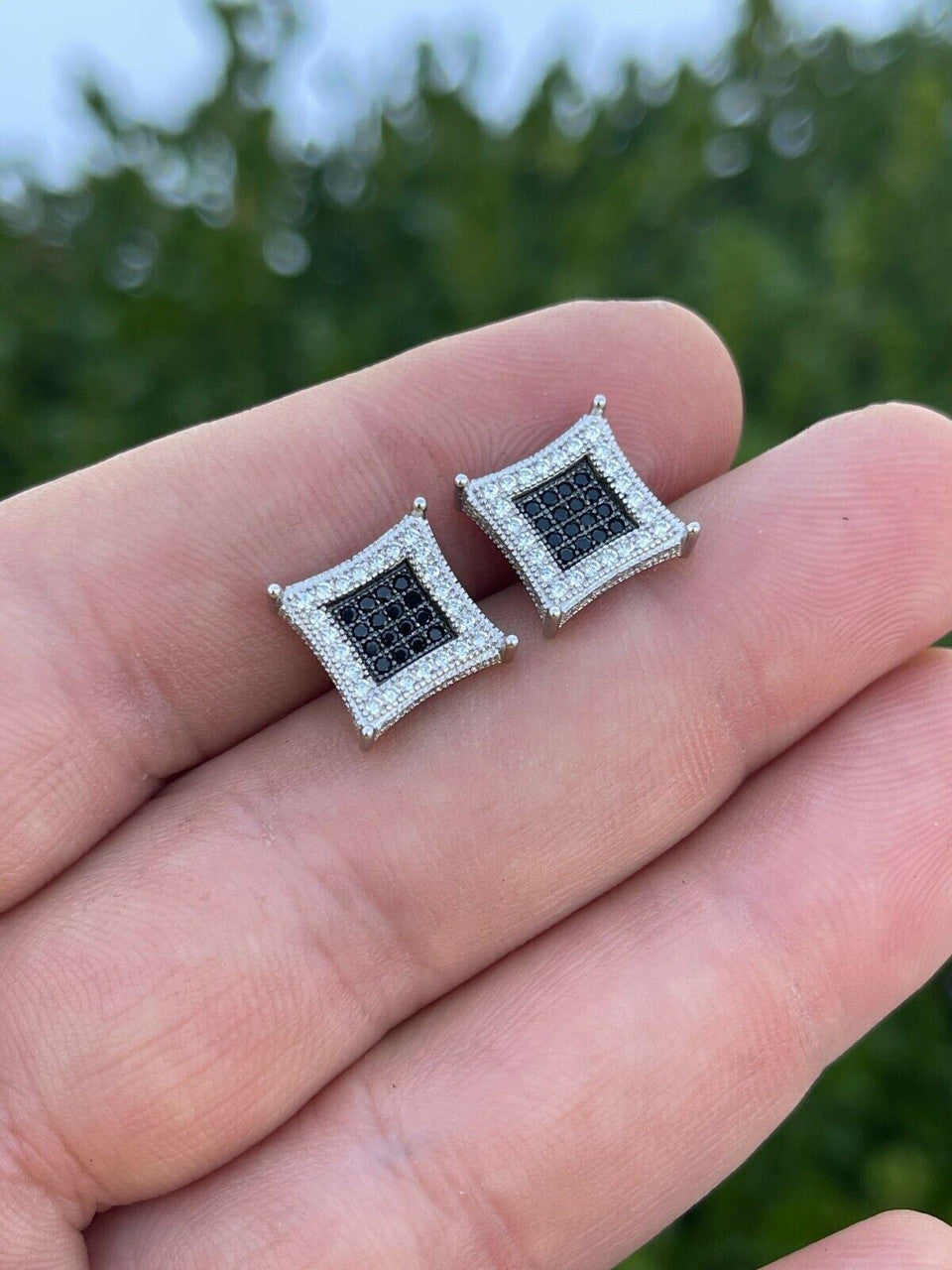 Italiano Silver, Inc Mens Real 925 Solid Sterling Silver Iced Kite Square Black Diamond Earrings Stud