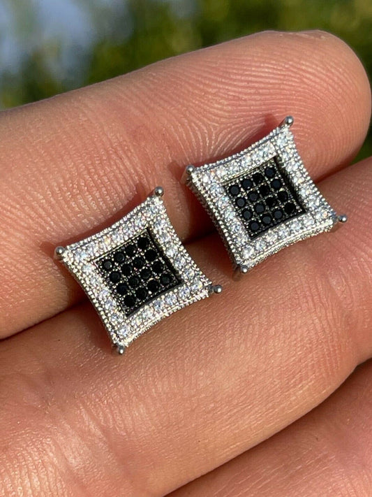 Italiano Silver, Inc Mens Real 925 Solid Sterling Silver Iced Kite Square Black Diamond Earrings Stud
