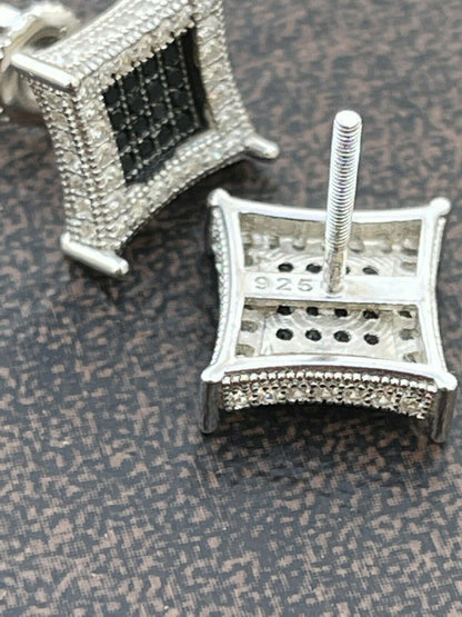 Italiano Silver, Inc Mens Real 925 Solid Sterling Silver Iced Kite Square Black Diamond Earrings Stud