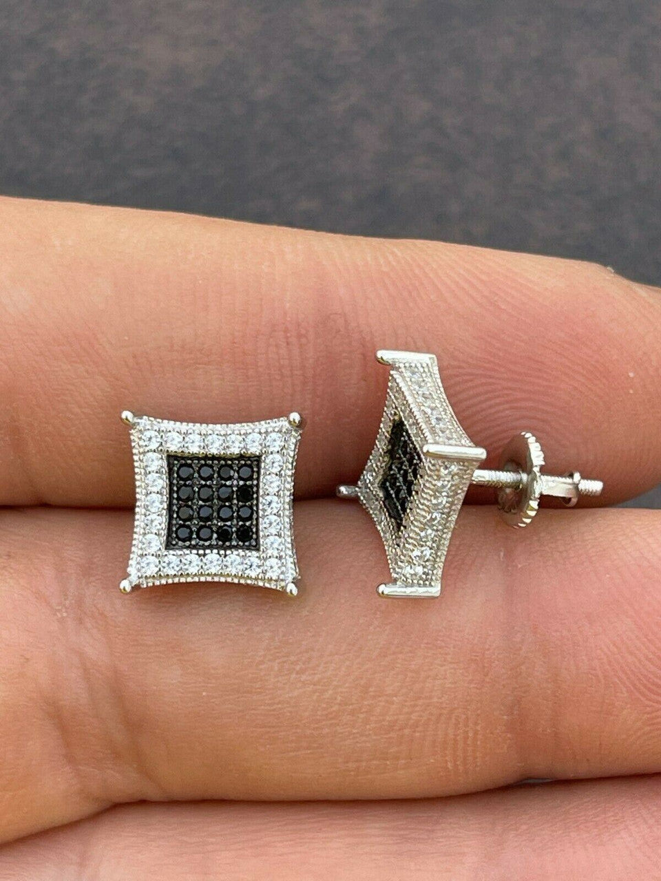 Italiano Silver, Inc Mens Real 925 Solid Sterling Silver Iced Kite Square Black Diamond Earrings Stud
