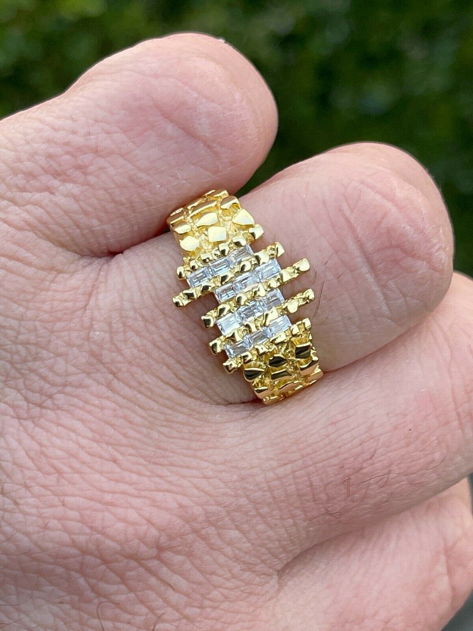 Italiano Silver, Inc Mens REAL 925 Sterling Silver and 14k Gold Nugget Ring Baguette Iced Hip Hop Ring