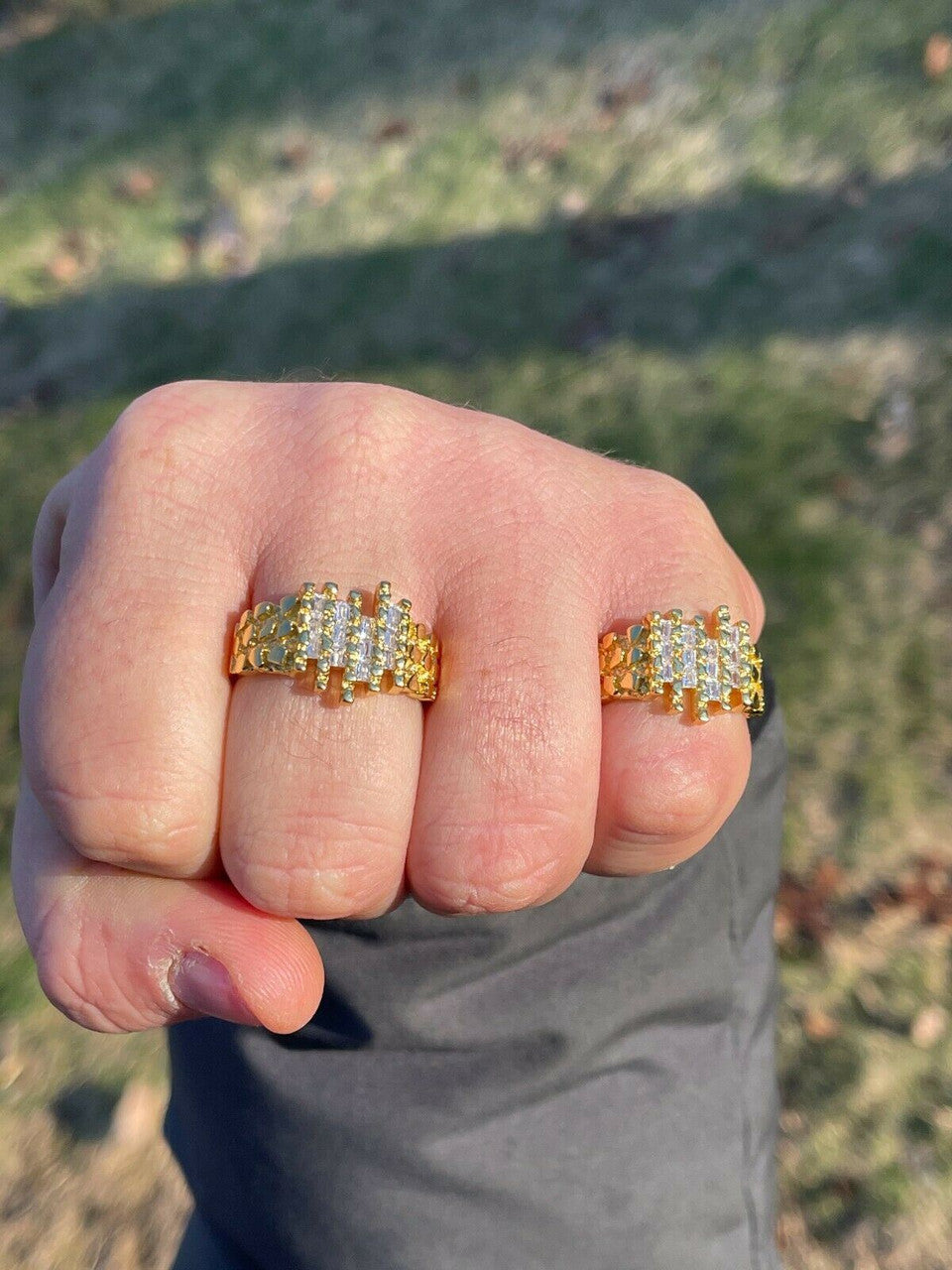 Italiano Silver, Inc Mens REAL 925 Sterling Silver and 14k Gold Nugget Ring Baguette Iced Hip Hop Ring