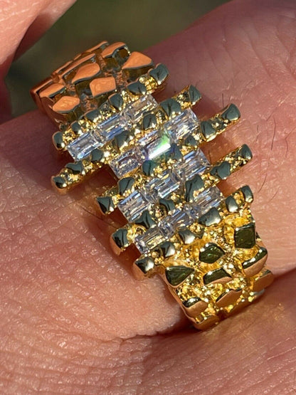 Italiano Silver, Inc Mens REAL 925 Sterling Silver and 14k Gold Nugget Ring Baguette Iced Hip Hop Ring