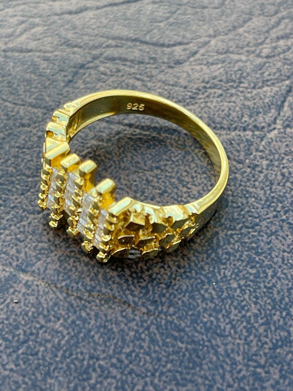 Italiano Silver, Inc Mens REAL 925 Sterling Silver and 14k Gold Nugget Ring Baguette Iced Hip Hop Ring