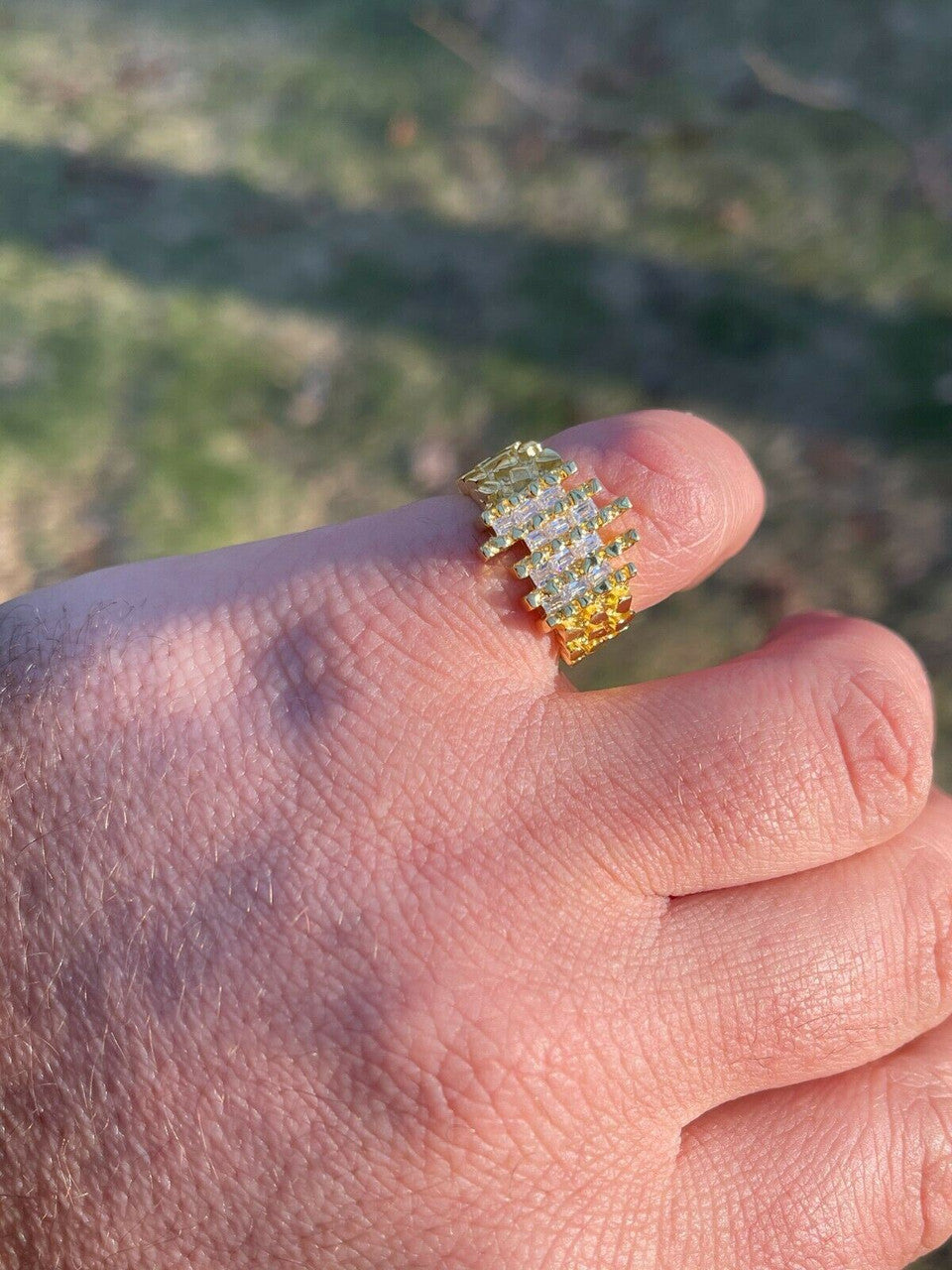 Italiano Silver, Inc Mens REAL 925 Sterling Silver and 14k Gold Nugget Ring Baguette Iced Hip Hop Ring