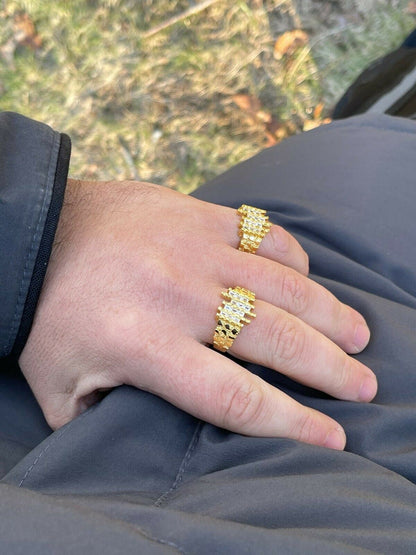 Italiano Silver, Inc Mens REAL 925 Sterling Silver and 14k Gold Nugget Ring Baguette Iced Hip Hop Ring