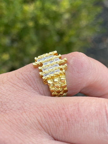 Italiano Silver, Inc Mens REAL 925 Sterling Silver and 14k Gold Nugget Ring Baguette Iced Hip Hop Ring