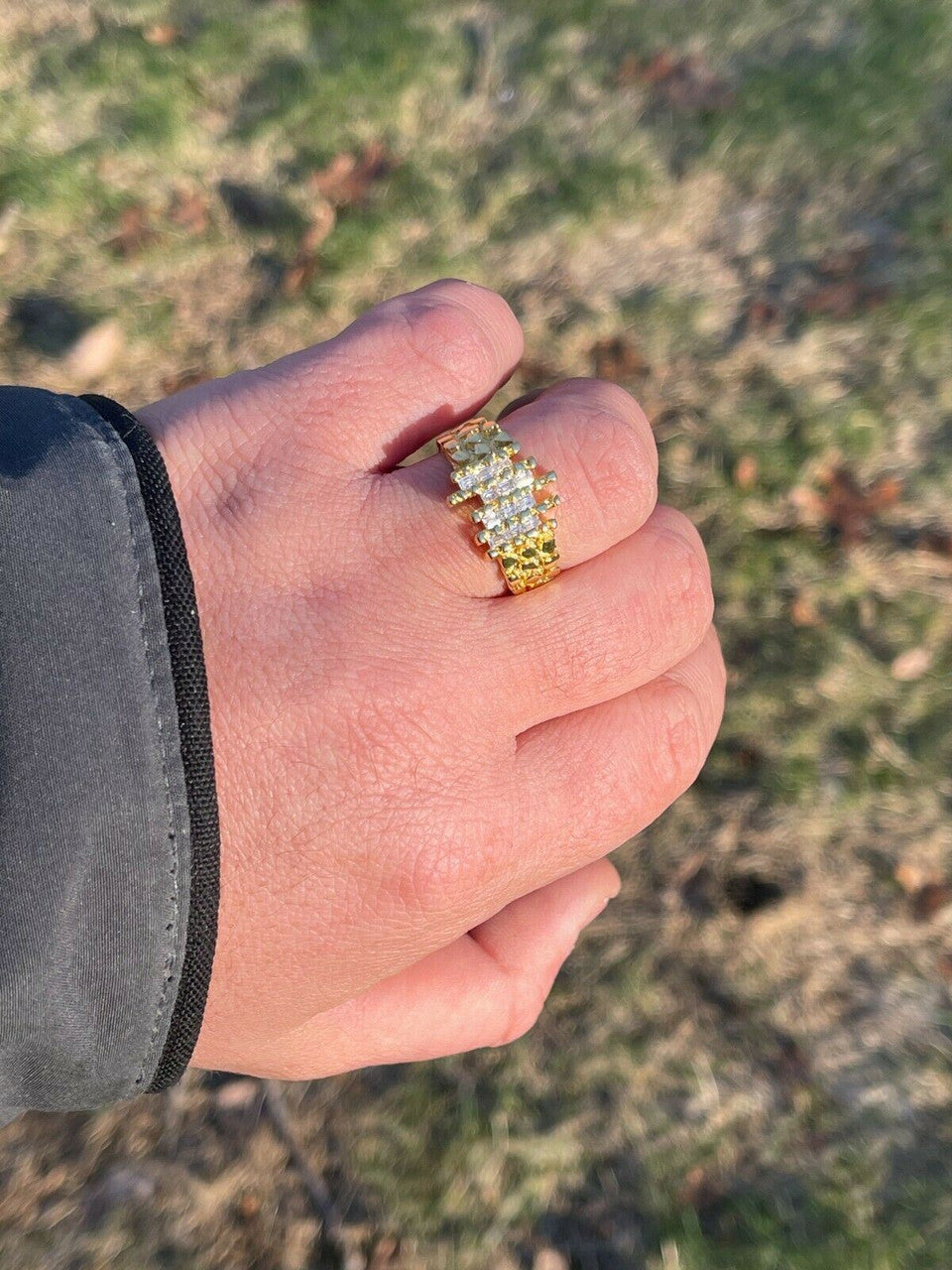 Italiano Silver, Inc Mens REAL 925 Sterling Silver and 14k Gold Nugget Ring Baguette Iced Hip Hop Ring