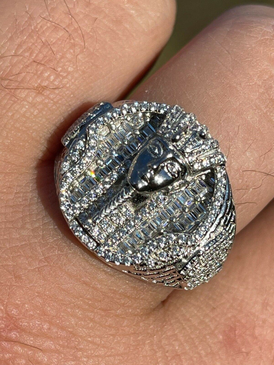 Italiano Silver, Inc Mens Real 925 Sterling Silver Egyptian King Pharaoh Iced Ring Baguette Diamond