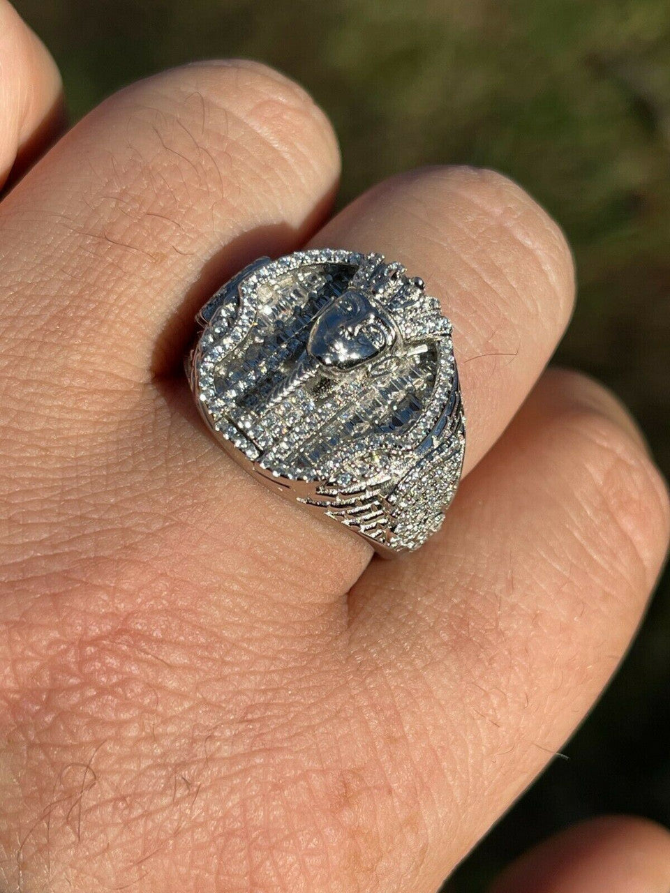 Italiano Silver, Inc Mens Real 925 Sterling Silver Egyptian King Pharaoh Iced Ring Baguette Diamond