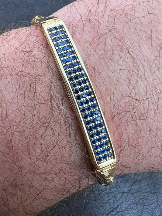 Italiano Silver, Inc Mens Real Presidential ID Bracelet 14k Gold Vermeil Silver Iced Blue Sapphire