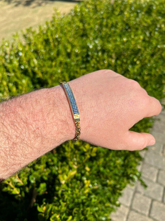 Italiano Silver, Inc Mens Real Presidential ID Bracelet 14k Gold Vermeil Silver Iced Blue Sapphire