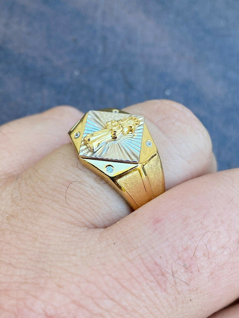 Men's Handmade Santa Muerte Ice Out Ring 14k Gold Stainless Steel Sizes 6-13