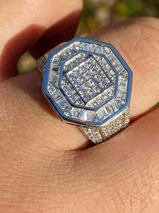 Italiano Silver, Inc Mens Real Solid 925 Silver Octagonal Hip Hop RING Iced Pinky Baguette Diamond