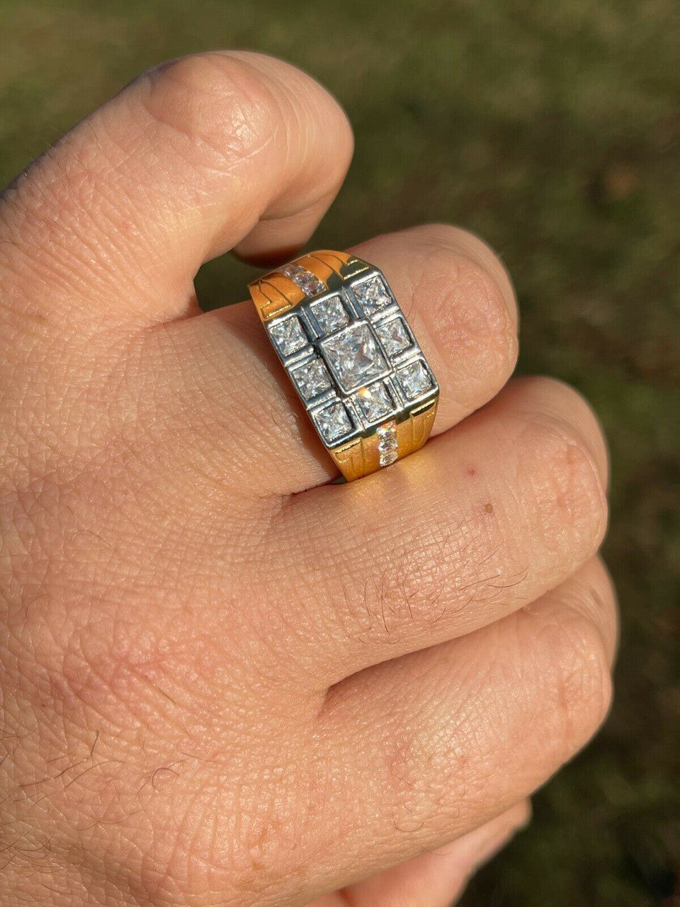 Italiano Silver, Inc Mens REAL Solid 925 Sterling Silver 10k Gold Finish Iced Baguette Diamond Ring