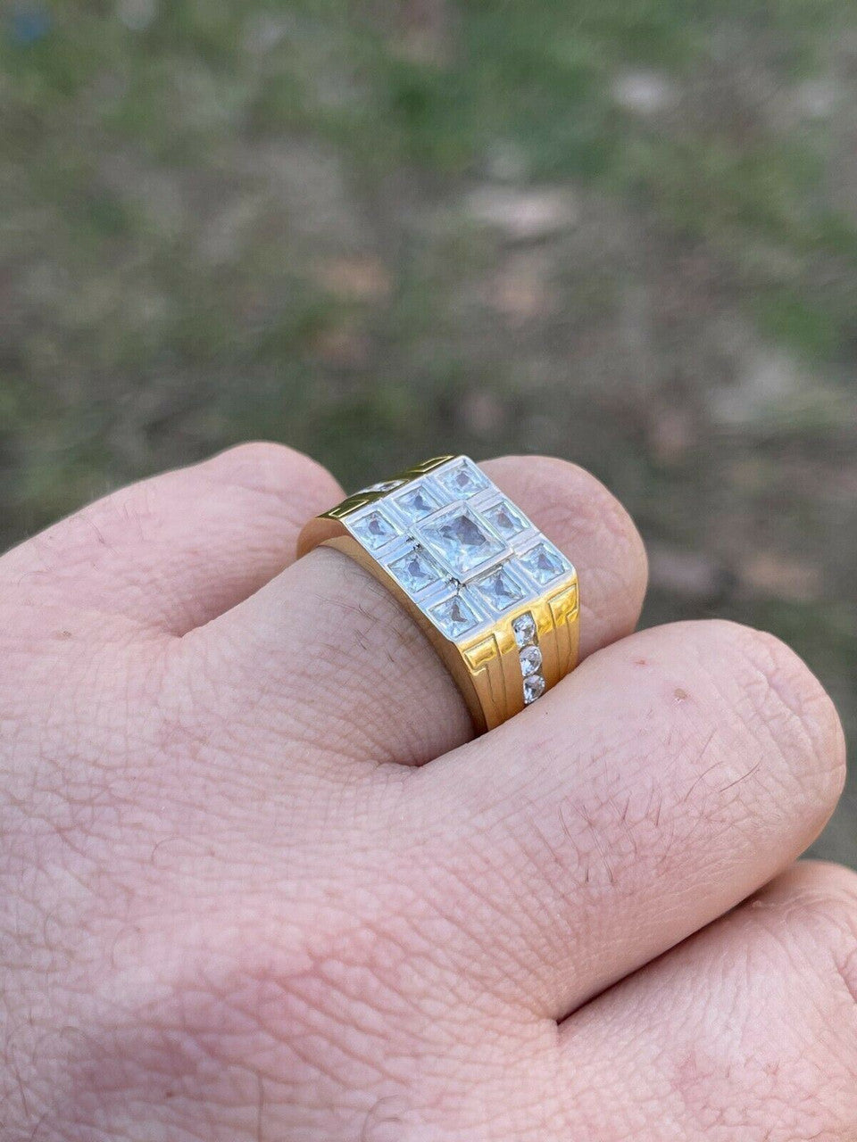 Italiano Silver, Inc Mens REAL Solid 925 Sterling Silver 10k Gold Finish Iced Baguette Diamond Ring