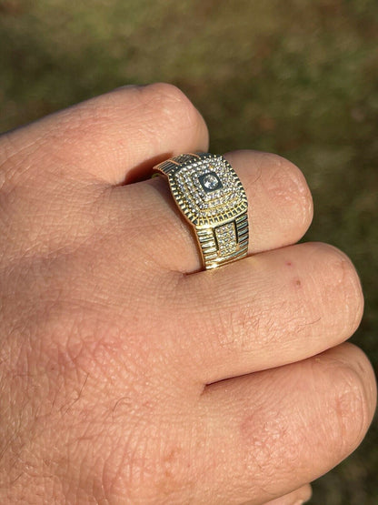 Italiano Silver, Inc Mens Real Solid 925 Sterling Silver 14k Gold Finish Iced Pinky Ring Hip Hop