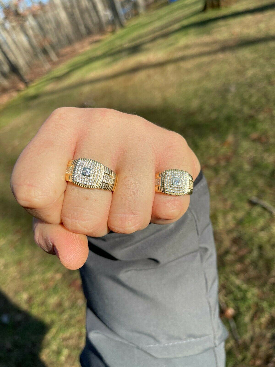 Italiano Silver, Inc Mens Real Solid 925 Sterling Silver 14k Gold Finish Iced Pinky Ring Hip Hop