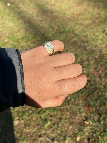 Italiano Silver, Inc Mens Real Solid 925 Sterling Silver 14k Gold Finish Iced Pinky Ring Hip Hop