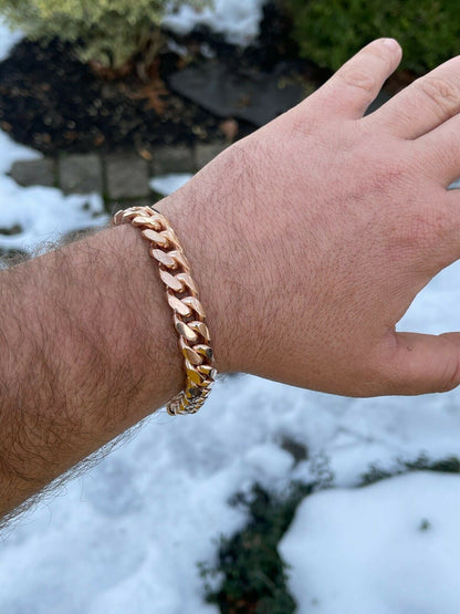 Italiano Silver, Inc Mens Real Solid 925 Sterling Silver 14k Rose Gold Miami Cuban Bracelet 5-12mm