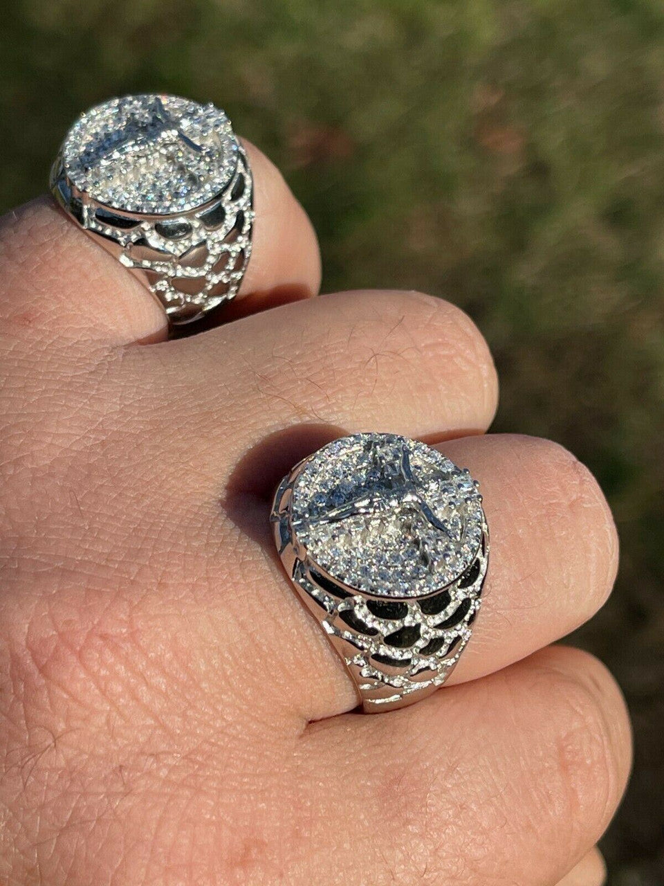 Italiano Silver, Inc Mens Real Solid 925 Sterling Silver Iced Jesus Cross Nugget Ring Pinky Diamond