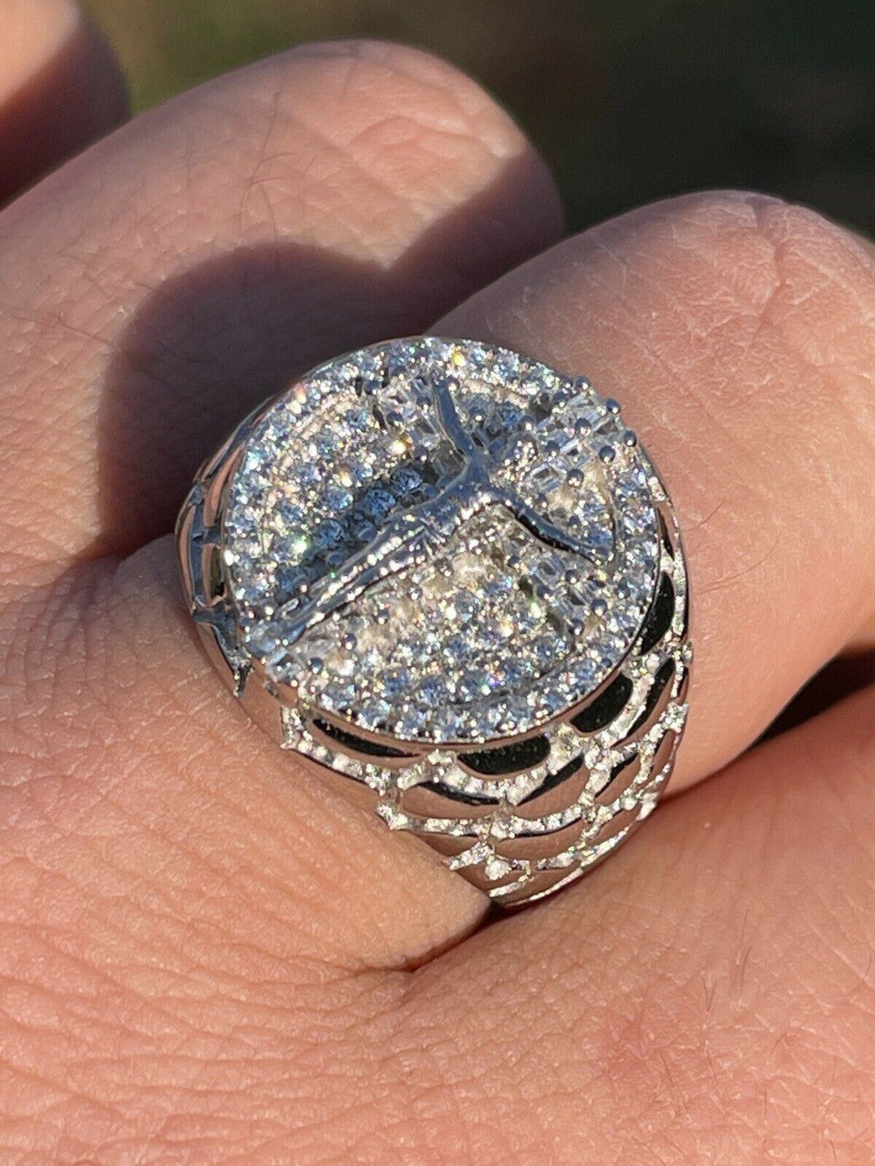 Men's Real Solid 925 Sterling Silver Iced Jesus Cross Nugget Ring