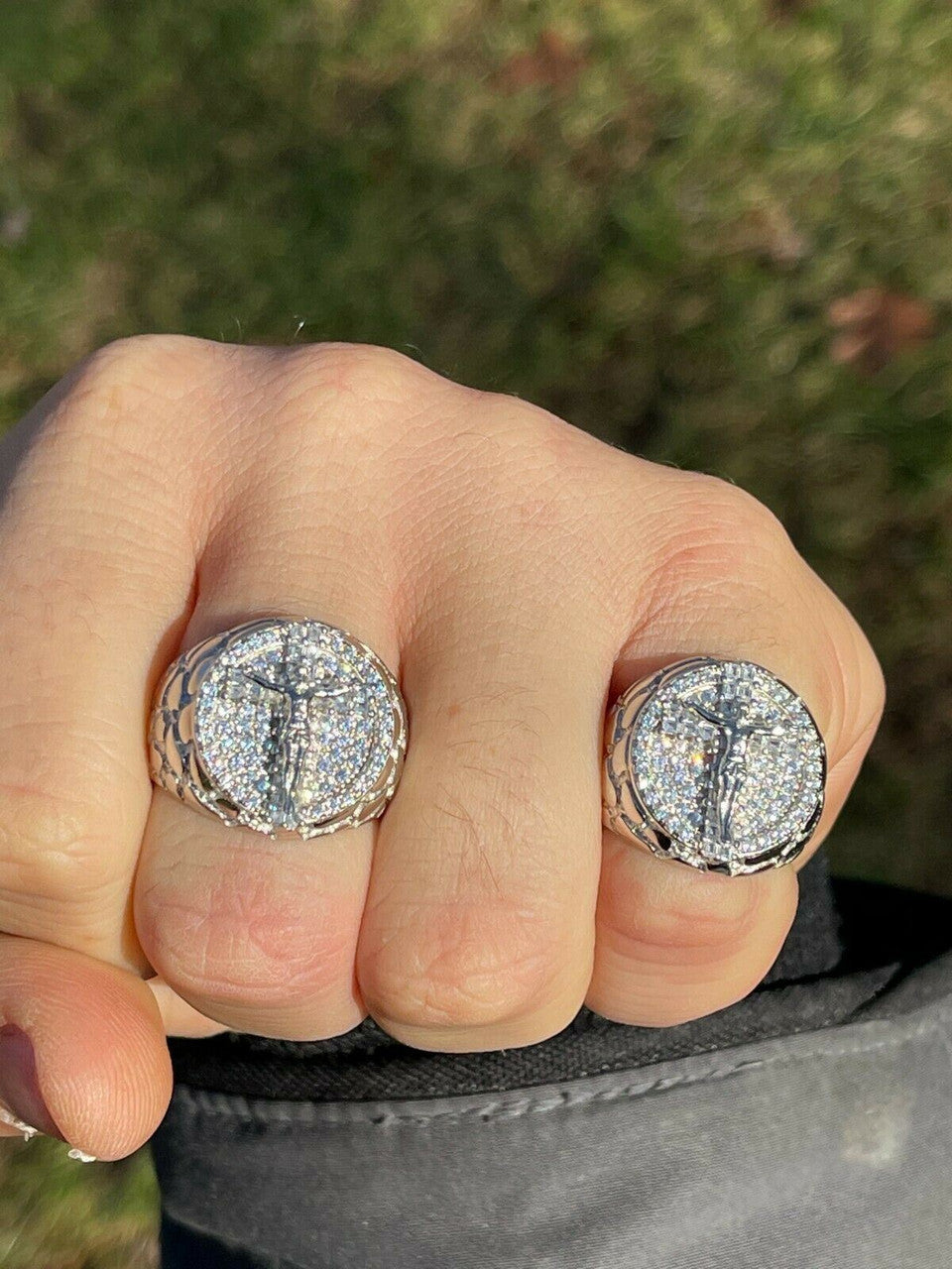 Italiano Silver, Inc Mens Real Solid 925 Sterling Silver Iced Jesus Cross Nugget Ring Pinky Diamond