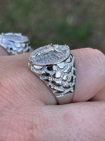 Italiano Silver, Inc Mens Real Solid 925 Sterling Silver Iced Jesus Cross Nugget Ring Pinky Diamond