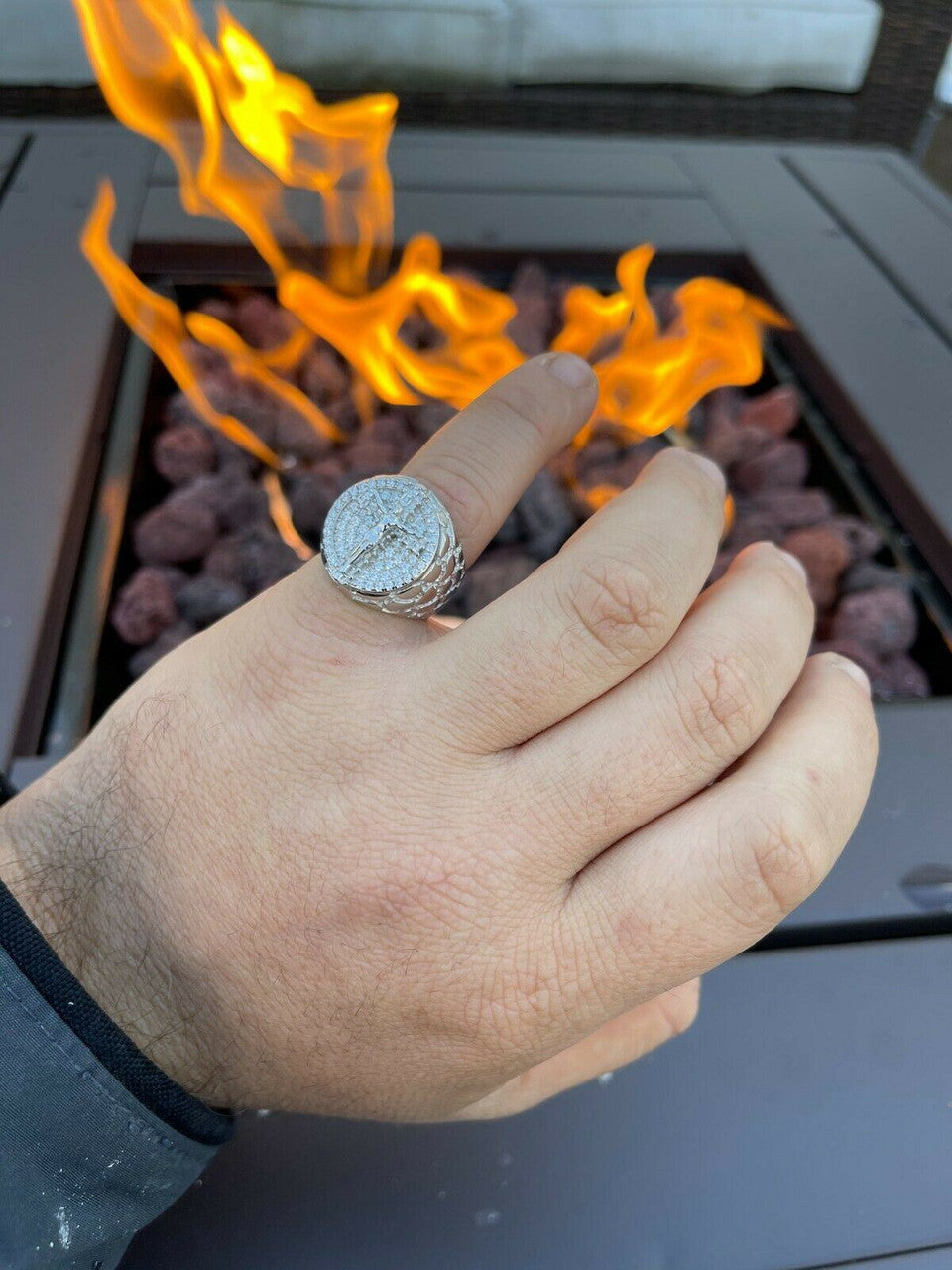 Italiano Silver, Inc Mens Real Solid 925 Sterling Silver Iced Jesus Cross Nugget Ring Pinky Diamond