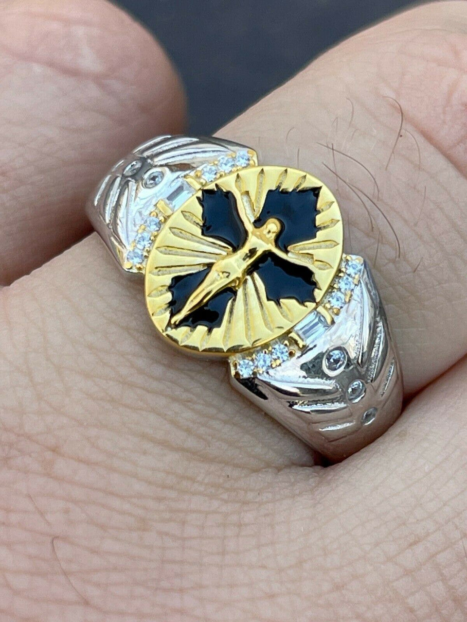 Italiano Silver, Inc Mens Real Solid 925 Sterling Silver Jesus On Cross Ring 14k Gold and Enamel Finish