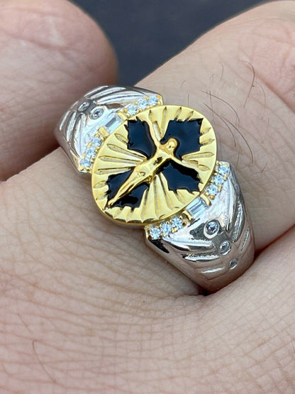 Italiano Silver, Inc Mens Real Solid 925 Sterling Silver Jesus On Cross Ring 14k Gold and Enamel Finish