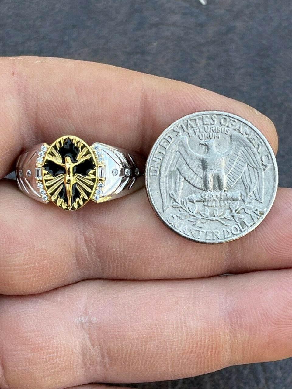 Italiano Silver, Inc Mens Real Solid 925 Sterling Silver Jesus On Cross Ring 14k Gold and Enamel Finish